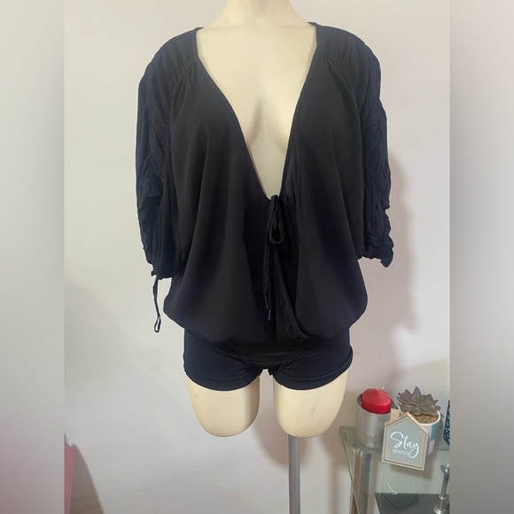 NWT .. Free People Black Tie Front Ruched Bodysuit - Picture 3 of 16